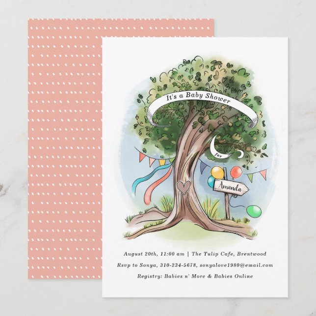 Gamla baljor i Träd Flagga, babyskor i Party Inbjudningar (Fram/baksida)