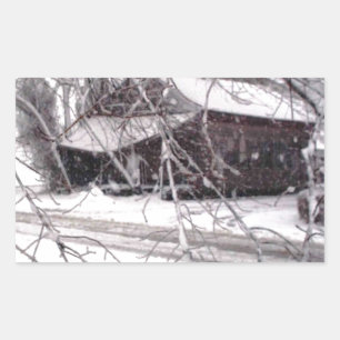 Gamla Barn genom Grenar Winter Snö Photo Rektangulärt Klistermärke
