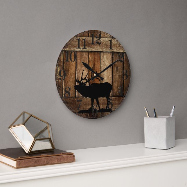 Gamla Barn Wood & Elk Silhouette Stor Klocka (Kontor)