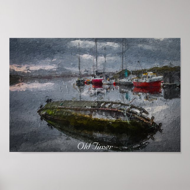 Gamla båtar i hamn sjunker, oljemålning poster (Framsidan)