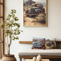 Gamla, blå, övergiven bil i öknen för mycket