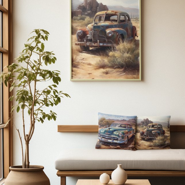 Gamla, blå, övergiven bil i öknen för mycket kudde (Skapare uppladdad)