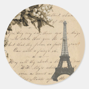 Gamla blommor från Fransk och Eiffel Torn Runt Klistermärke