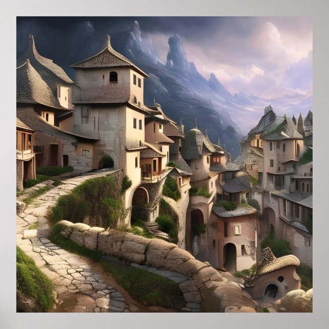 Gamla byn i bergsstenen väg vacker poster (Framsidan)