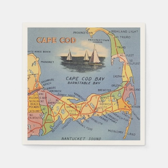 Gamla Cape Cod Massachusetts Karta Pappersservett (Framsidan)