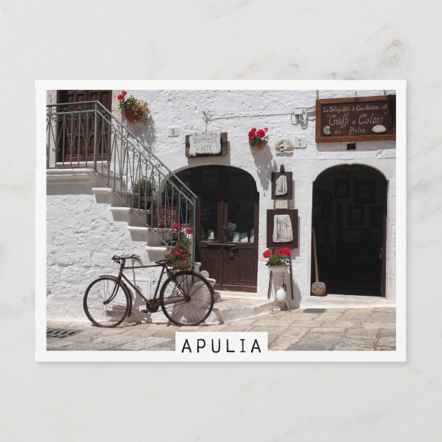 Gamla cyklar och storefront i Apulia Vykort (Framsida)