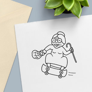 Gamla Dam med en Käpp på en skateboard Självfärgande Stämpel