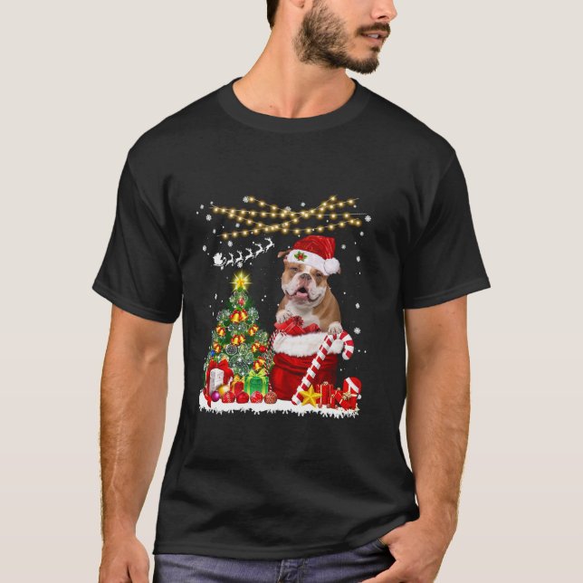 Gamla engelska Bulldog Hund Julgran Ljus Hund T Shirt (Framsida)