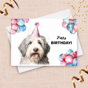 Gamla engelska Sheepdog Balloons Party Hat Birthda Kort
