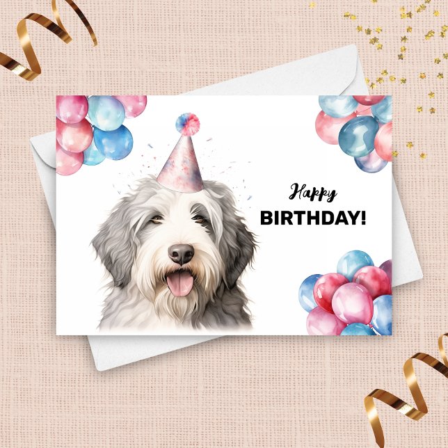 Gamla engelska Sheepdog Balloons Party Hat Birthda Kort (Skapare uppladdad)