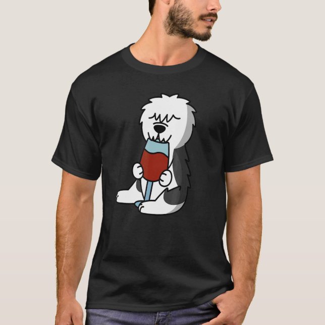 Gamla engelska Sheepdog Drinking Vin Hund T Shirt (Framsida)