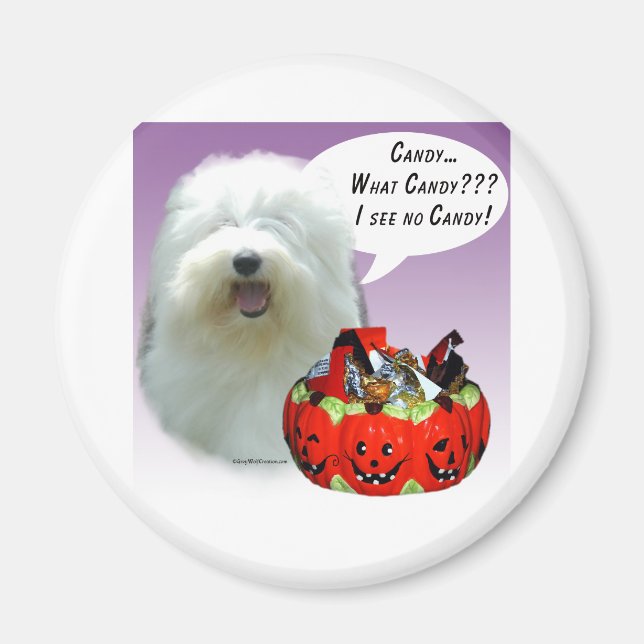 Gamla engelska Sheepdog Halloween Candy Magnet (Framsidan)