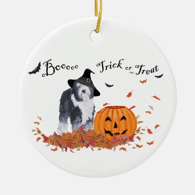 Gamla engelska Sheepdog Halloween Julgransprydnad Keramik (Framsidan)