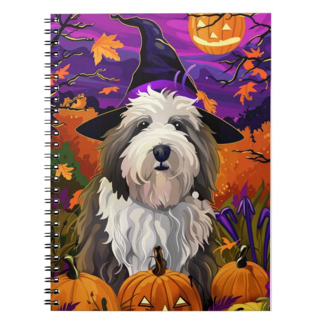 Gamla engelska Sheepdog Halloween Witch Pumpkin Anteckningsbok (Framsidan)