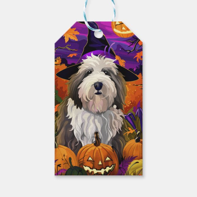 Gamla engelska Sheepdog Halloween Witch Pumpkin Presentetikett (Framsidan)