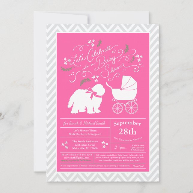 Gamla engelska Sheepdog Hund Baby Shower Girl Rosa Inbjudningar (Framsida)