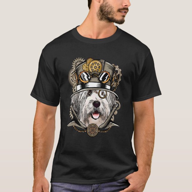 Gamla engelska Sheepdog Hund Steampunk T Shirt (Framsida)