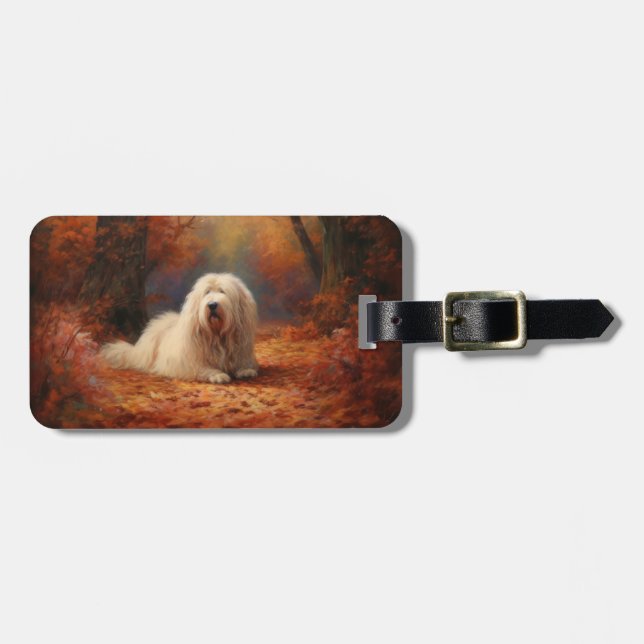 Gamla engelska Sheepdog i Höst löv Fall Inspire Bagagebricka (Horisontell Framsida)