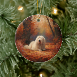 Gamla engelska Sheepdog i Höst löv Fall Inspire Julgransprydnad Keramik
