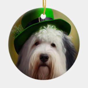 Gamla engelska Sheepdog i St. Patrick Dress Julgransprydnad Keramik