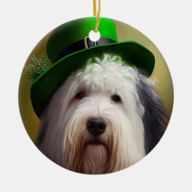 Gamla engelska Sheepdog i St. Patrick Dress Julgransprydnad Keramik (Framsidan)