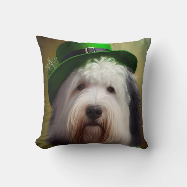 Gamla engelska Sheepdog i St. Patrick Dress Kudde (Framsida)