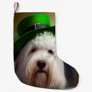 Gamla engelska Sheepdog i St. Patrick Dress Liten Julstrumpa