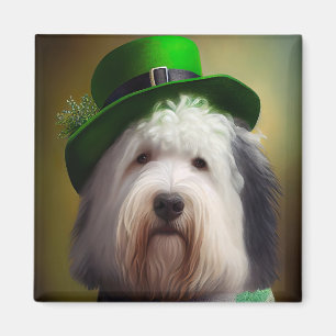 Gamla engelska Sheepdog i St. Patrick Dress Magnet