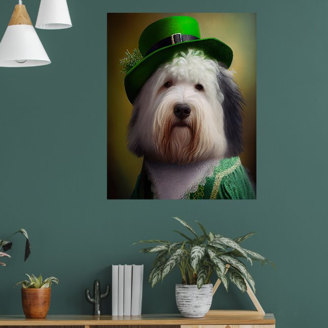 Gamla engelska Sheepdog i St. Patrick Dress Poster (Vardagsrum 1)