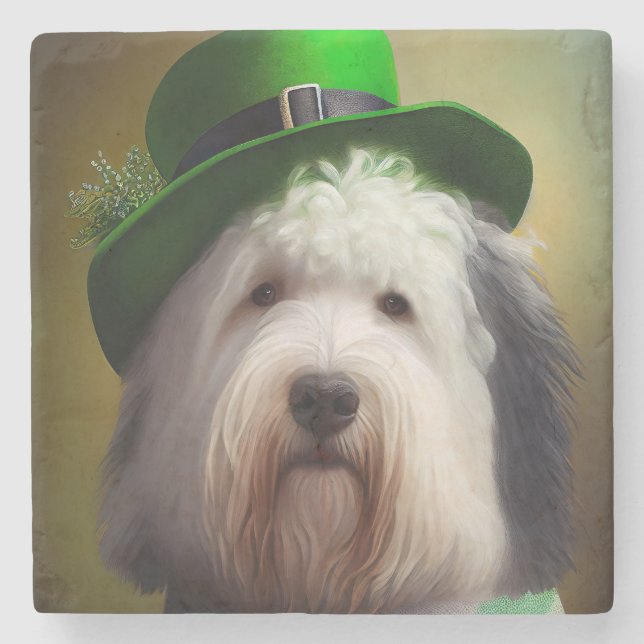 Gamla engelska Sheepdog i St. Patrick Dress Stenunderlägg (Framsidan)