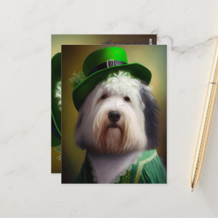 Gamla engelska Sheepdog i St. Patrick Dress Vykort