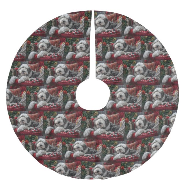 Gamla engelska Sheepdog-julfesten Julgransmatta Borstad Polyester (Framsidan)