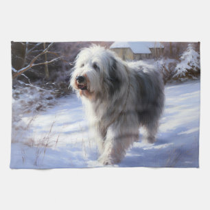 Gamla engelska Sheepdog Låt det snöa jul Kökshandduk
