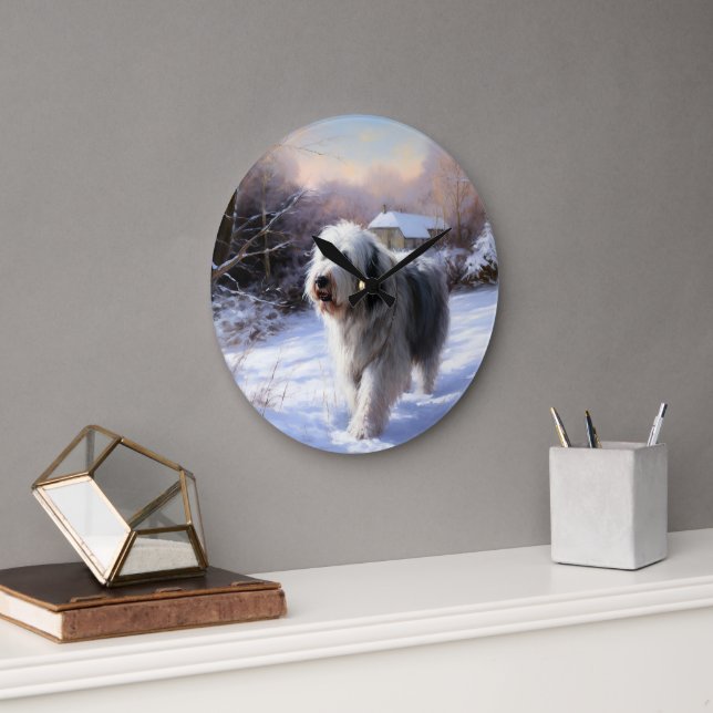Gamla engelska Sheepdog Låt det snöa jul Stor Klocka (Kontor)