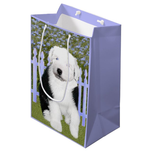 Gamla engelska Sheepdog Puppy Painting - Hund Art (Framsidan Vinklad)