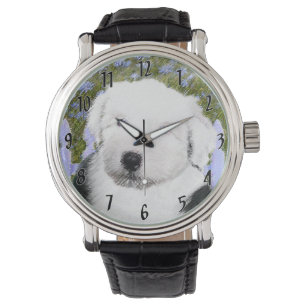 Gamla engelska Sheepdog Puppy Painting - Hund Art Armbandsur
