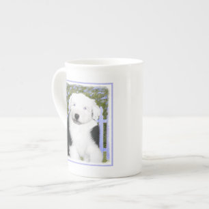 Gamla engelska Sheepdog Puppy Painting - Hund Art Benporslin Mugg