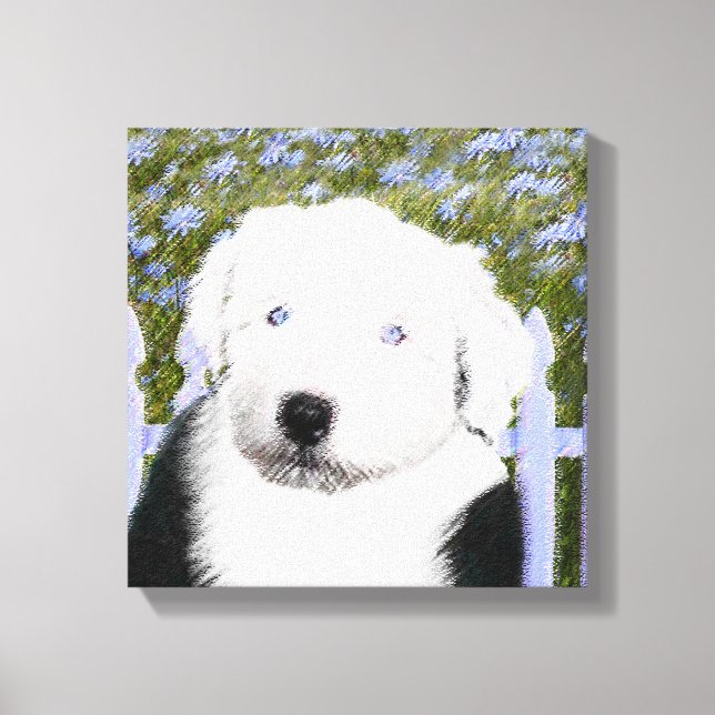 Gamla engelska Sheepdog Puppy Painting - Hund Art Canvastryck (Framsida)