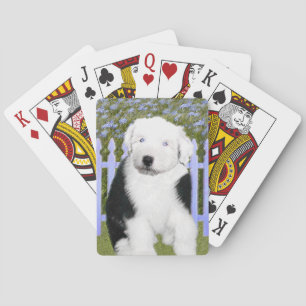 Gamla engelska Sheepdog Puppy Painting - Hund Art Casinokort