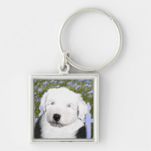 Gamla engelska Sheepdog Puppy Painting - Hund Art Fyrkantig Silverfärgad Nyckelring