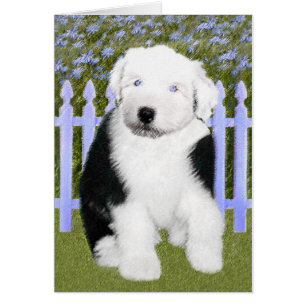 Gamla engelska Sheepdog Puppy Painting - Hund Art Hälsningskort