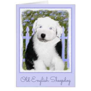 Gamla engelska Sheepdog Puppy Painting - Hund Art Hälsningskort