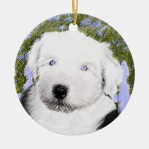 Gamla engelska Sheepdog Puppy Painting - Hund Art Julgransprydnad Keramik