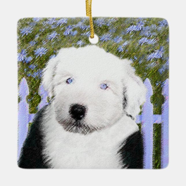 Gamla engelska Sheepdog Puppy Painting - Hund Art Julgransprydnad Keramik (Framsida)
