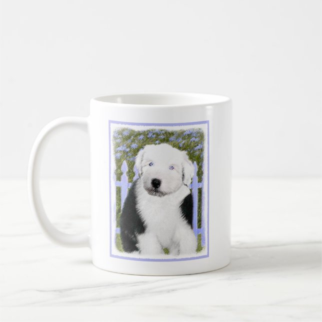 Gamla engelska Sheepdog Puppy Painting - Hund Art Kaffemugg (Vänster)