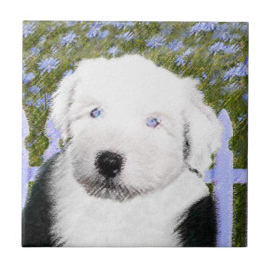 Gamla engelska Sheepdog Puppy Painting - Hund Art Kakelplatta