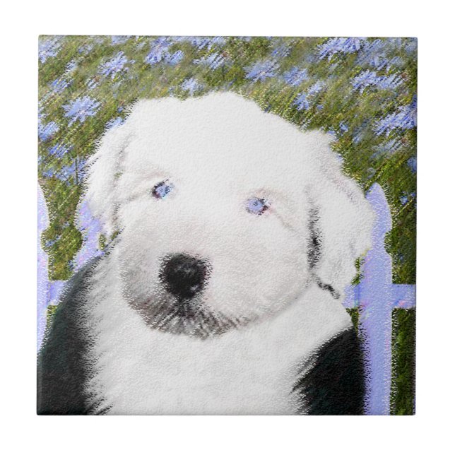 Gamla engelska Sheepdog Puppy Painting - Hund Art Kakelplatta (Framsidan)