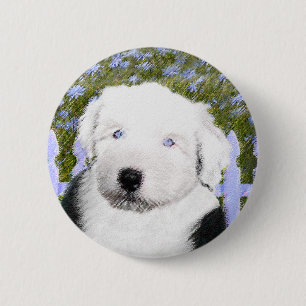 Gamla engelska Sheepdog Puppy Painting - Hund Art Knapp