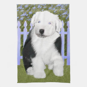 Gamla engelska Sheepdog Puppy Painting - Hund Art Kökshandduk