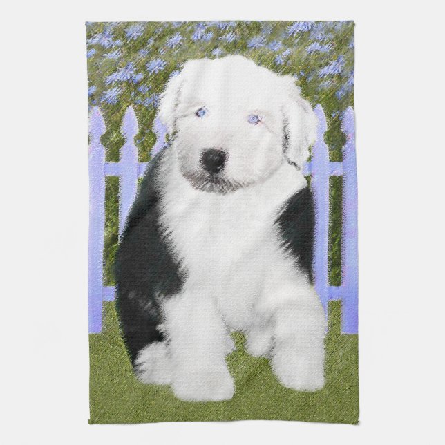 Gamla engelska Sheepdog Puppy Painting - Hund Art Kökshandduk (Vertikal)